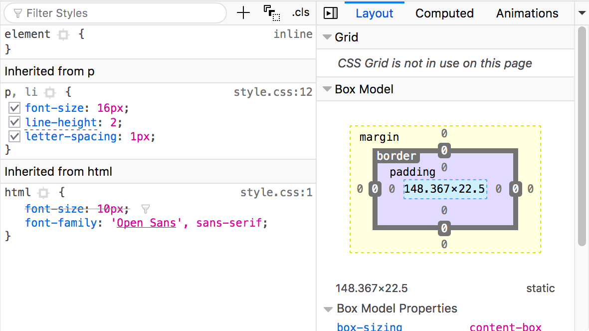 Ausschnitt des CSS-Panels und des Layout-Panels, das neben dem HTML-Editor in den Entwicklertools des Browsers zu sehen ist. Standardmäßig zeigt der CSS-Editor die auf das aktuell ausgewählte Element im HTML-Editor angewendeten CSS-Regeln an. Das Layout-Panel zeigt die Box-Modell-Eigenschaften des ausgewählten Elements.